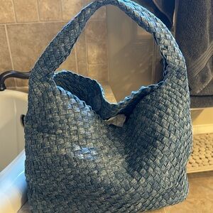Denim style woven purse w interior bag and magnetic clasp